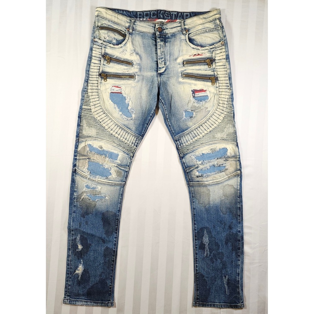 Rockstar Sushi Mens Distressed Moto Biker Jeans USA Zippers RSM-235-ORT 36"